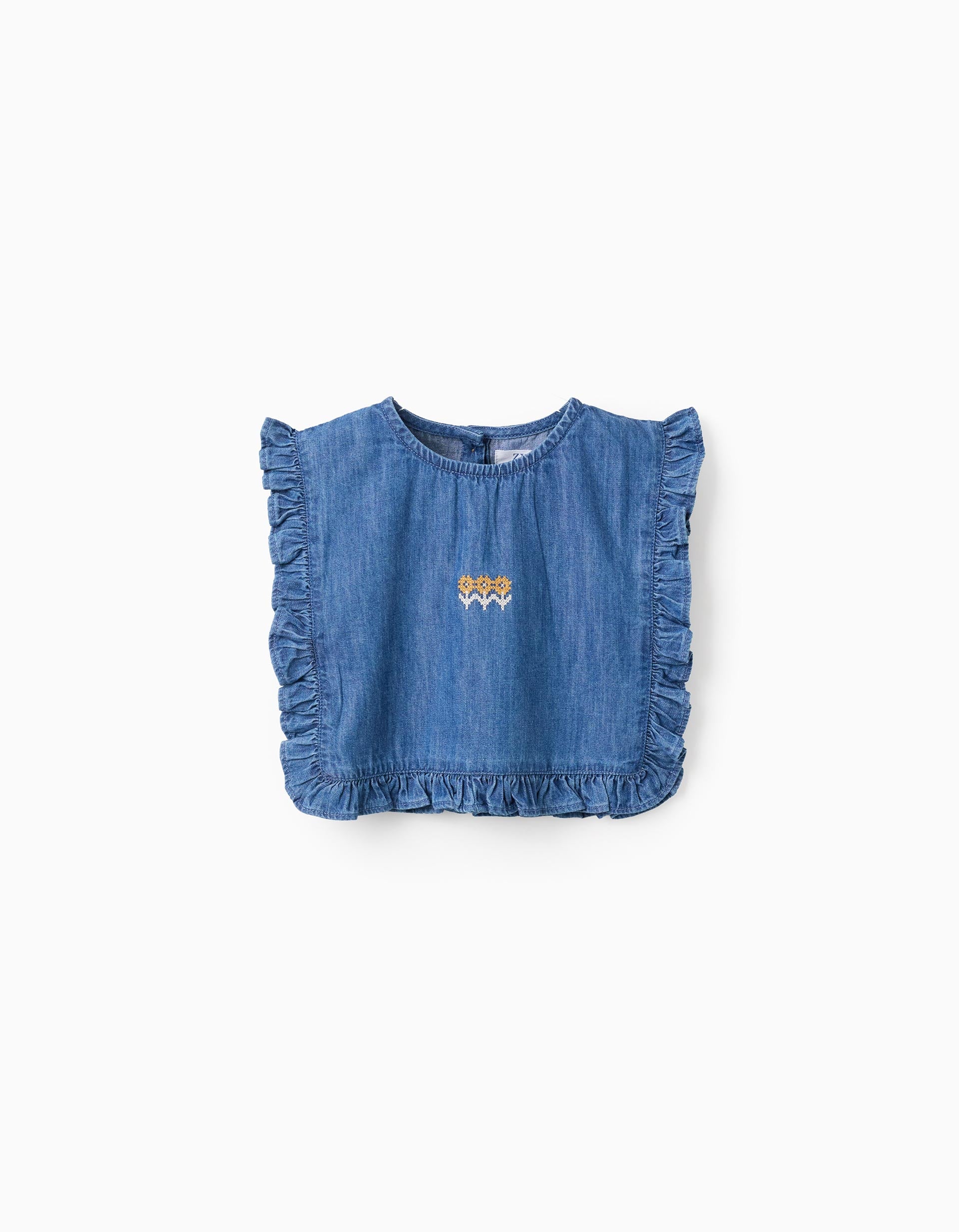 Top de ganga estilo poncho com folhos e bordado para menina, azul