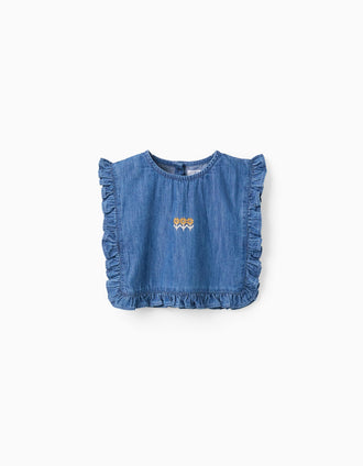 Blouse style poncho en jean avec volants et broderie pour fille, bleu