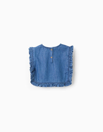 Blouse style poncho en jean avec volants et broderie pour fille, bleu