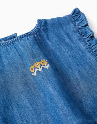 Blouse style poncho en jean avec volants et broderie pour fille, bleu