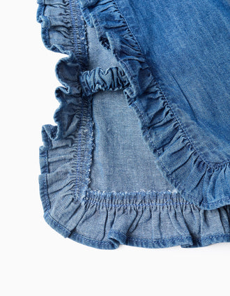 Blouse style poncho en jean avec volants et broderie pour fille, bleu