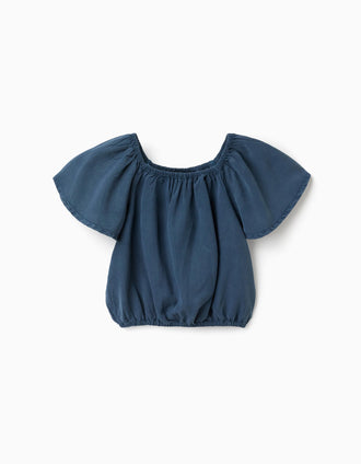 Top de liocel com gola e cintura elásticas para menina, azul-escuro