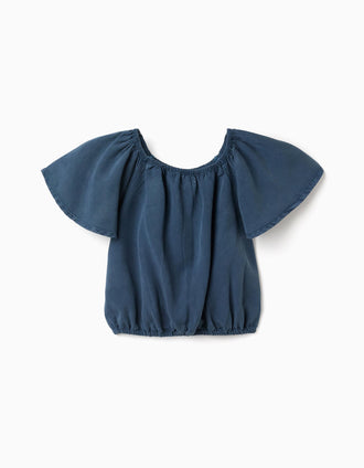 Top de liocel com gola e cintura elásticas para menina, azul-escuro