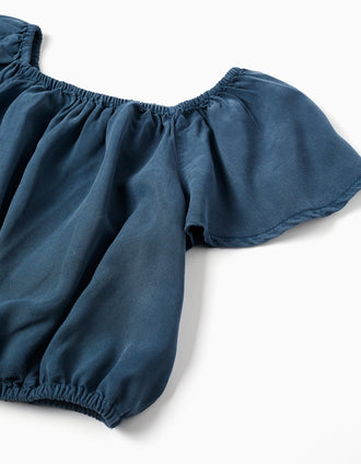 Top de liocel com gola e cintura elásticas para menina, azul-escuro