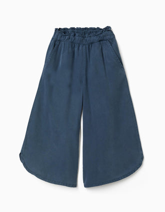 Pantalón de lyocell de pierna ancha con cintura elástica para niña, azul