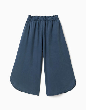Pantalón de lyocell de pierna ancha con cintura elástica para niña, azul