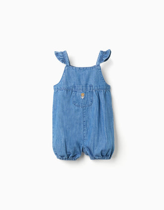 Macacão de ganga sem mangas com flor bordada para bebé menina, azul