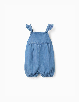 Macacão de ganga sem mangas com flor bordada para bebé menina, azul