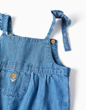 Macacão de ganga sem mangas com flor bordada para bebé menina, azul