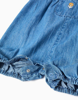 Macacão de ganga sem mangas com flor bordada para bebé menina, azul