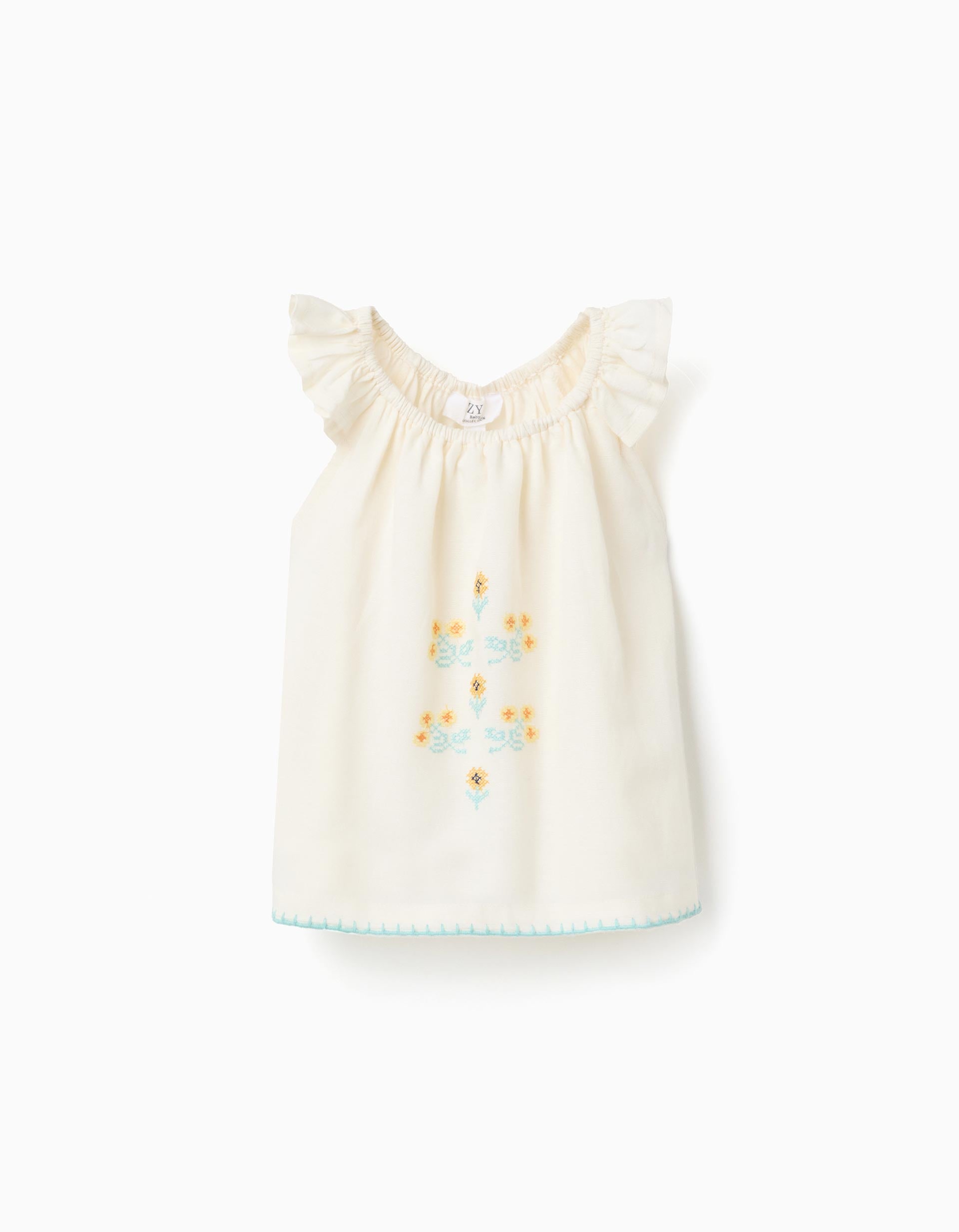 Blusa de algodão e linho com flores para bebé menina, bege-claro