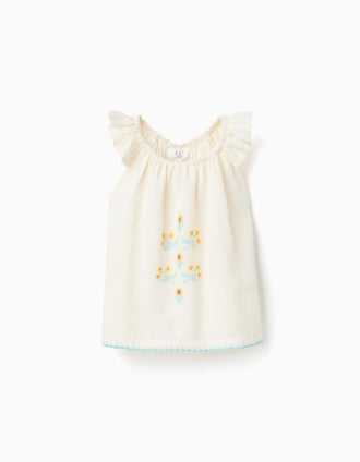 Cotton and linen blouse with flowers for baby girls, light beige