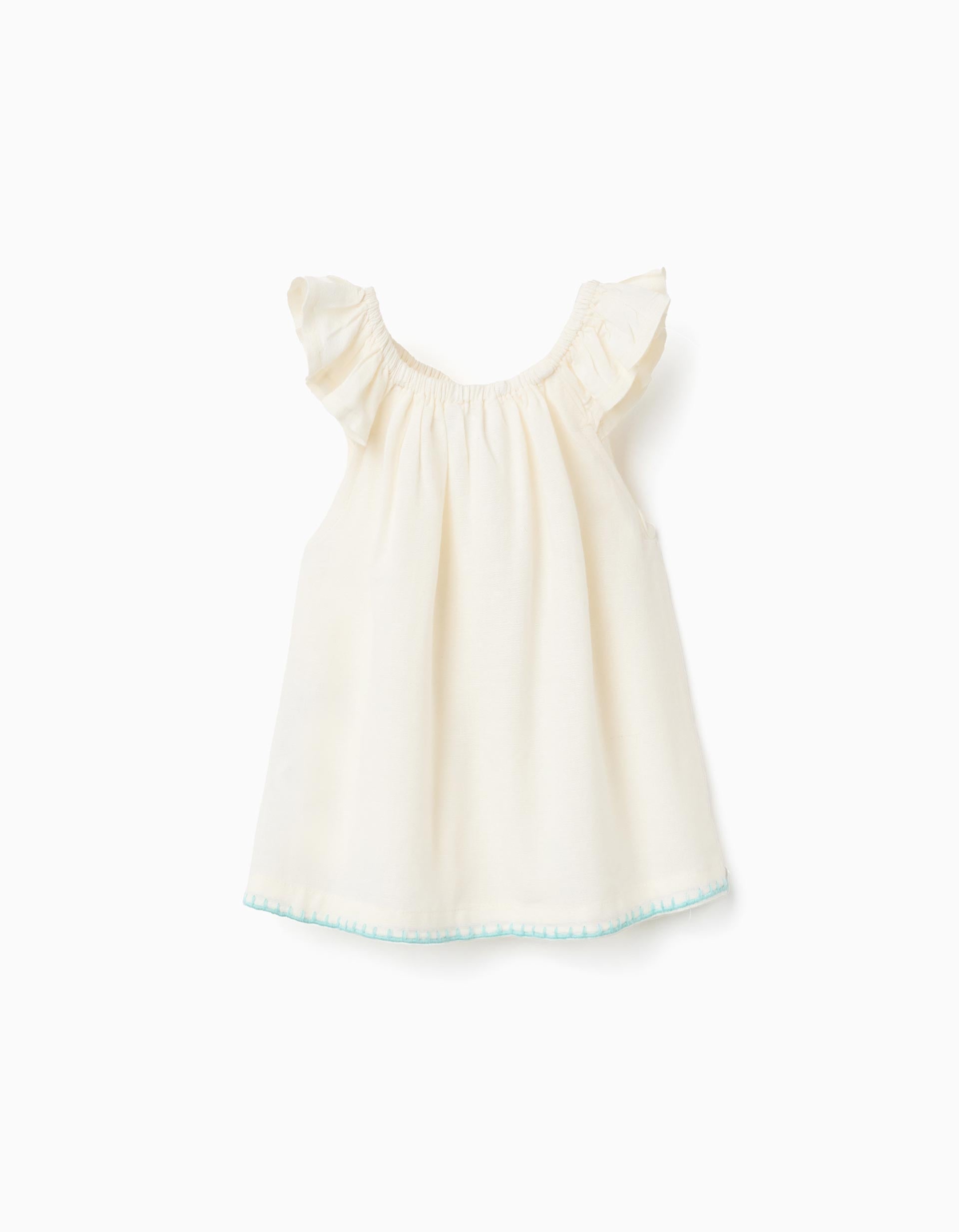 Blusa de algodão e linho com flores para bebé menina, bege-claro