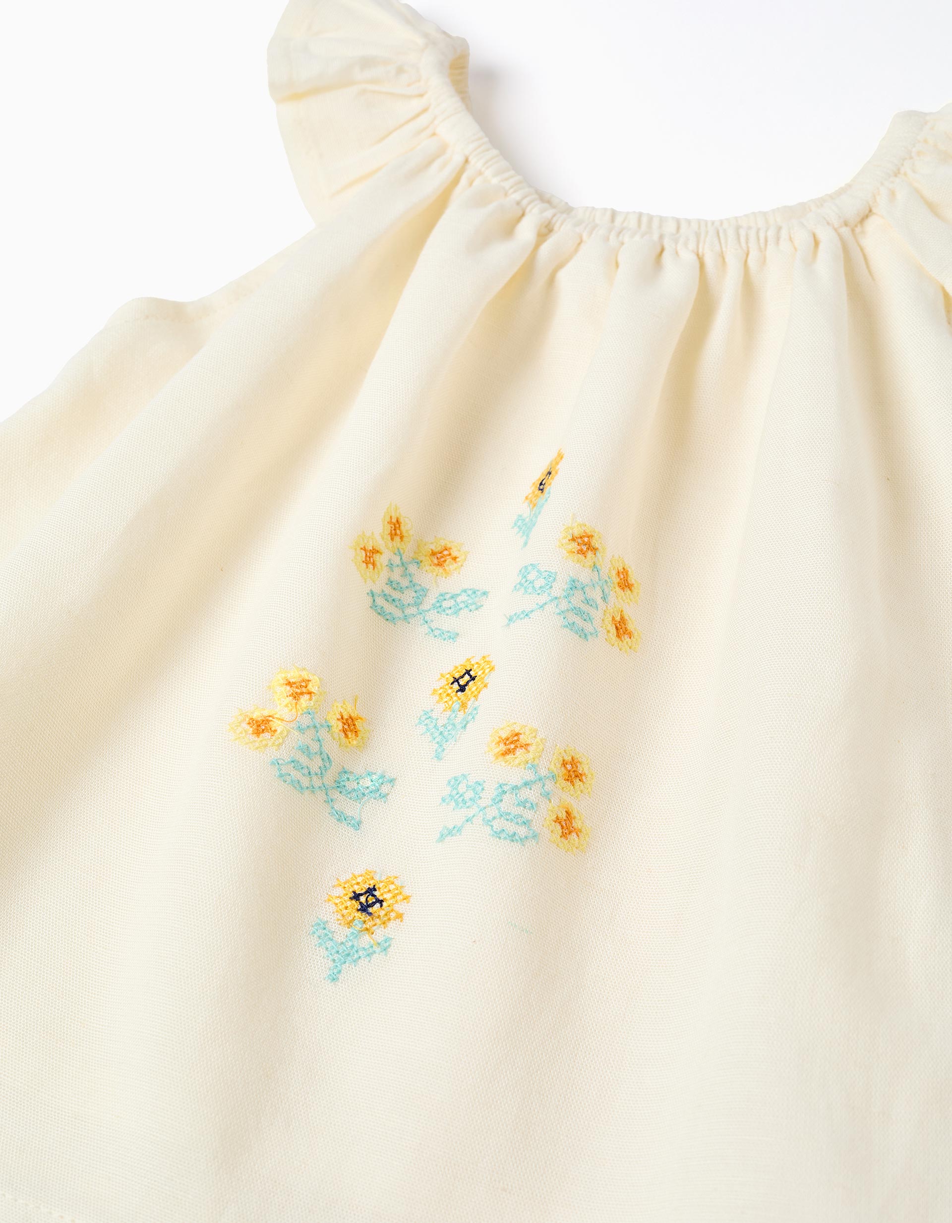 Blusa de algodão e linho com flores para bebé menina, bege-claro