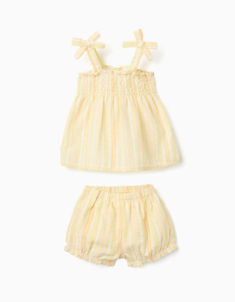 Striped cotton top and shorts set for baby girls, yellow/orange