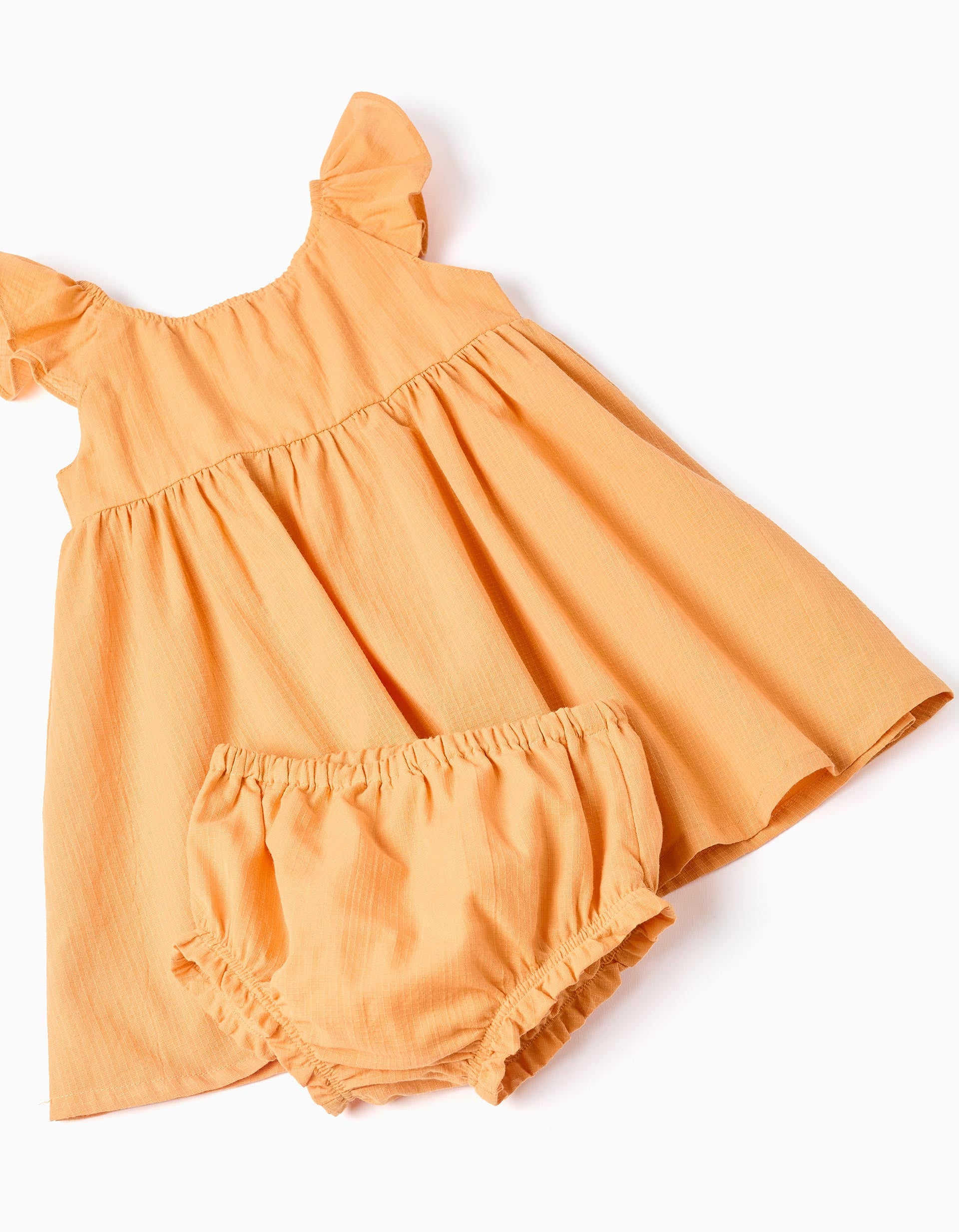 Vestido de algodão com folhos e forro para bebé menina, laranja