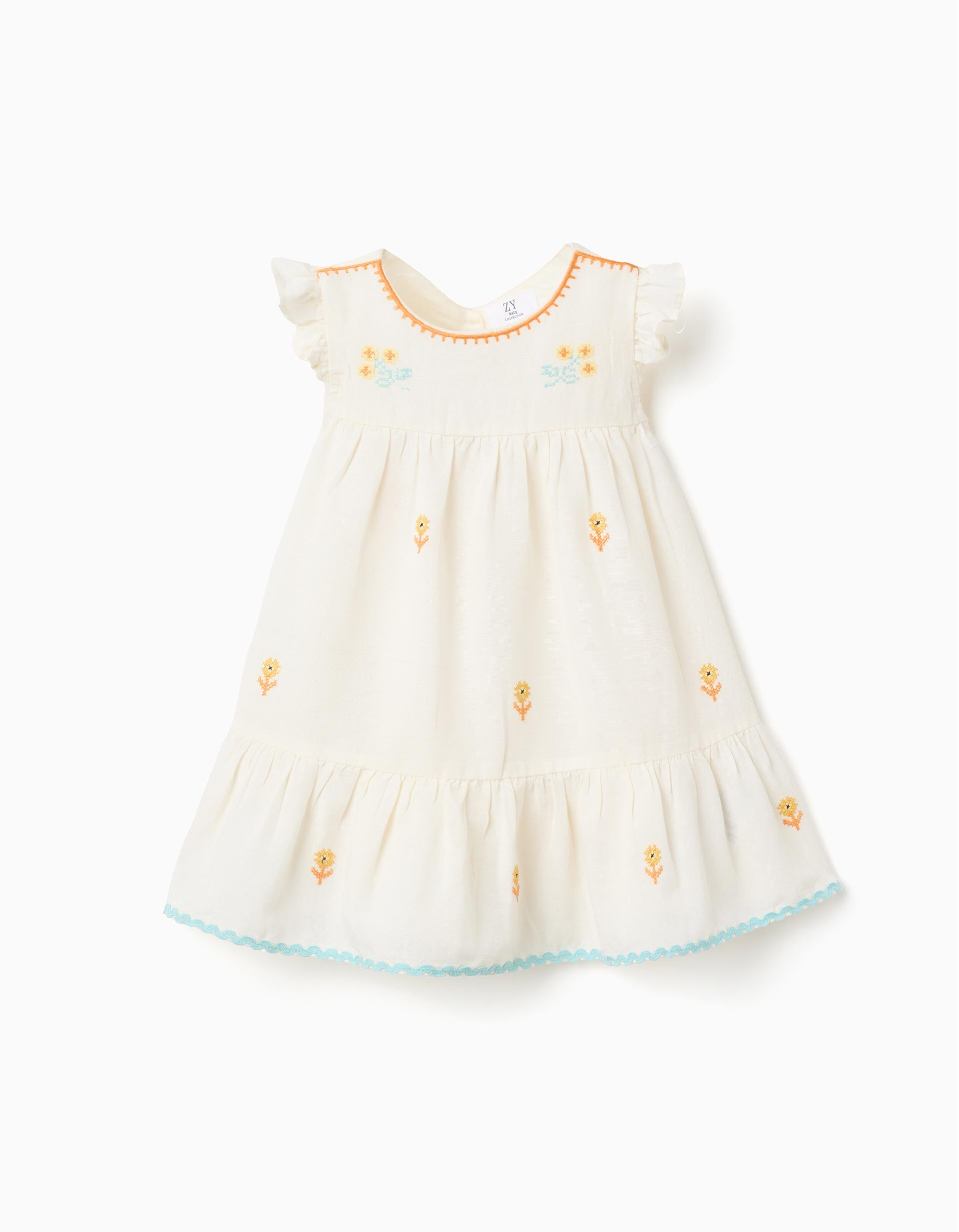 Vestido de algodão e linho com flores para bebé menina, bege-claro
