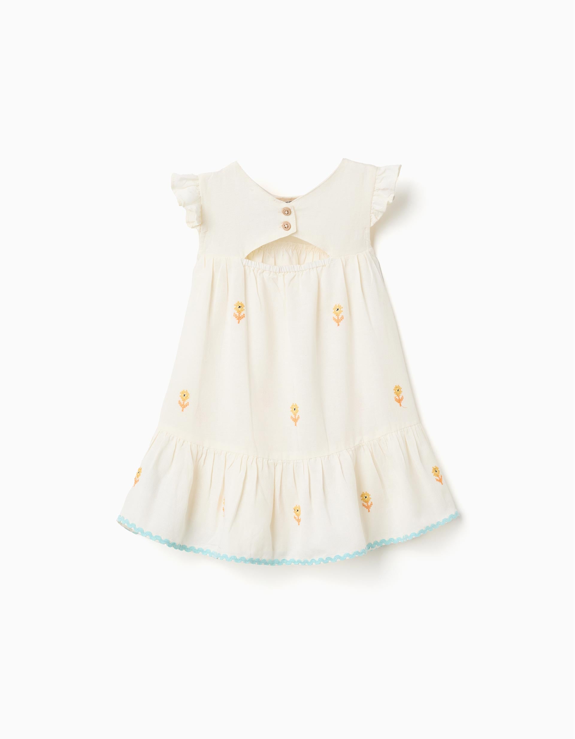 Vestido de algodão e linho com flores para bebé menina, bege-claro