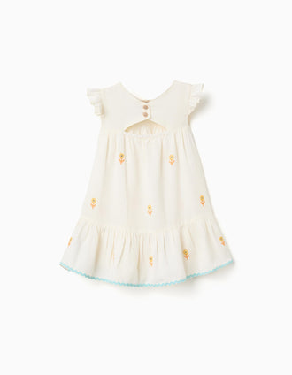 Cotton and linen dress with flowers for baby girls, light beige