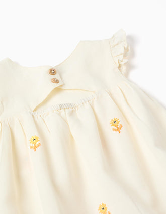 Cotton and linen dress with flowers for baby girls, light beige