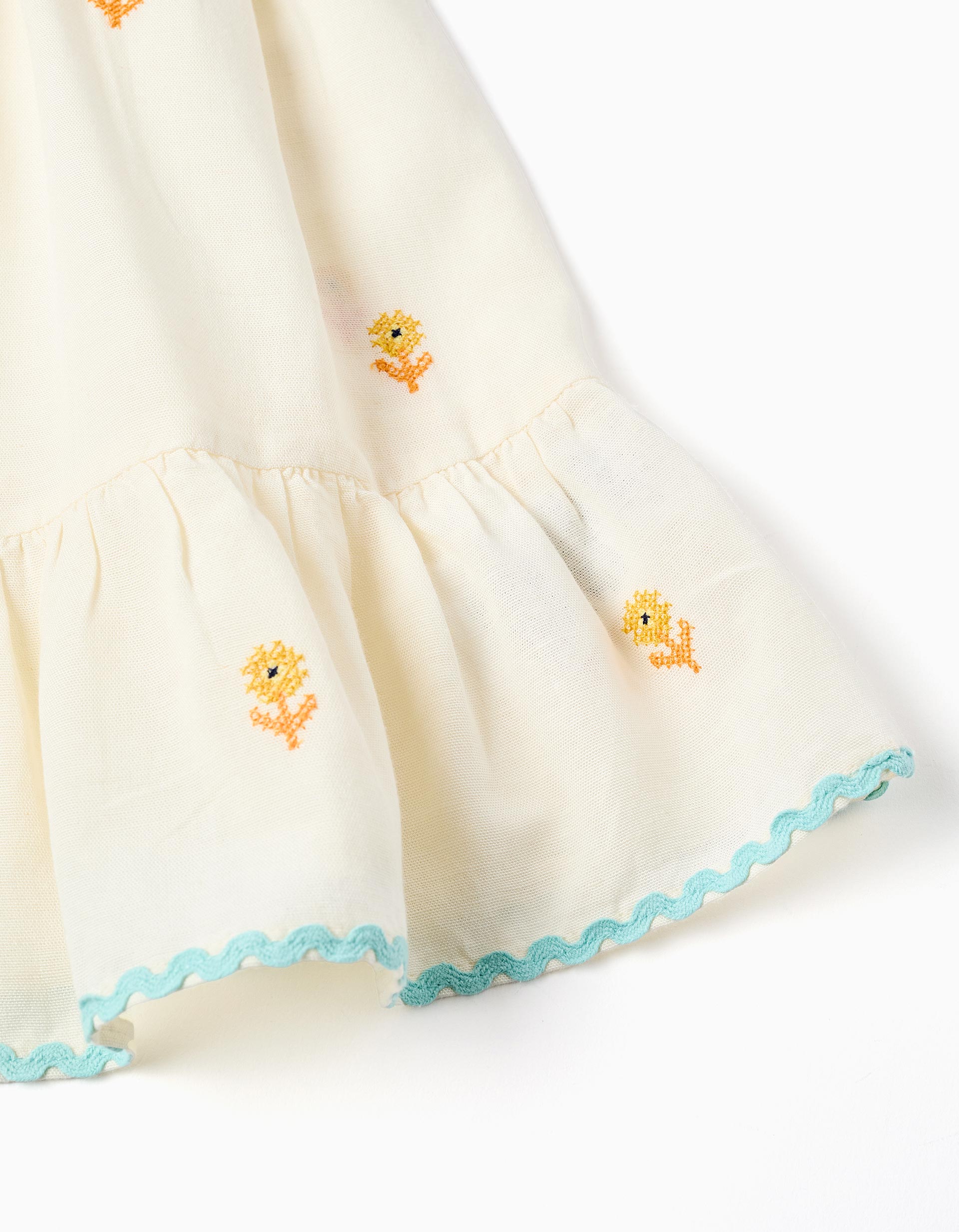 Vestido de algodão e linho com flores para bebé menina, bege-claro