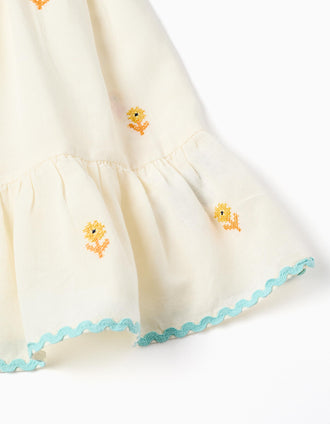 Cotton and linen dress with flowers for baby girls, light beige