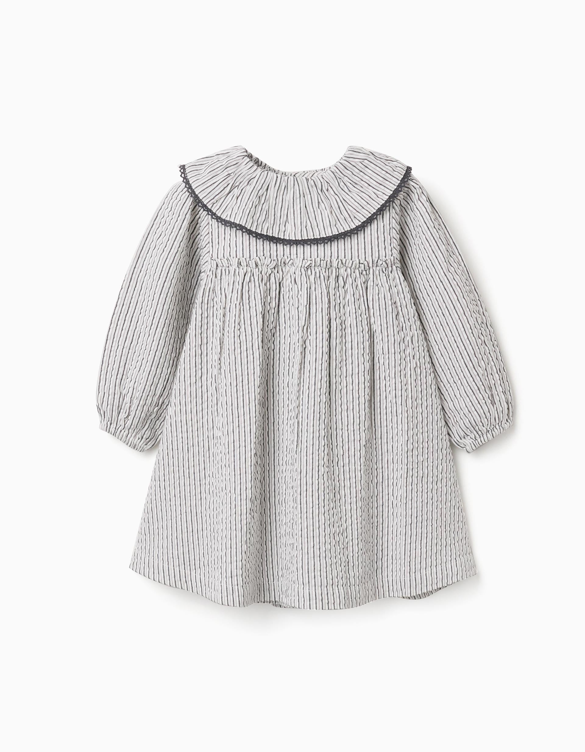 Vestido de algodão às riscas com folhos B&S para bebé menina, branco/cinza