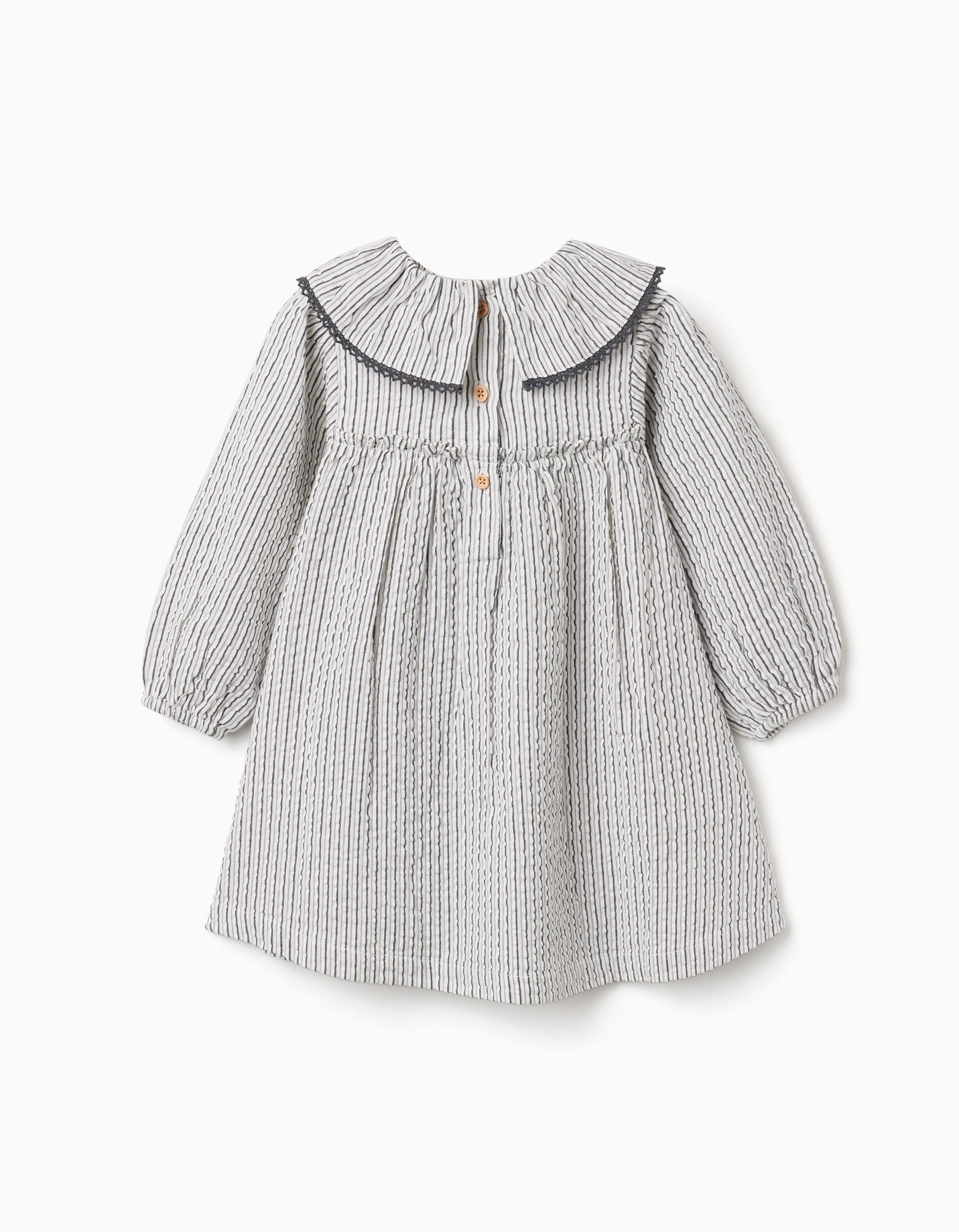 Vestido de algodão às riscas com folhos B&S para bebé menina, branco/cinza