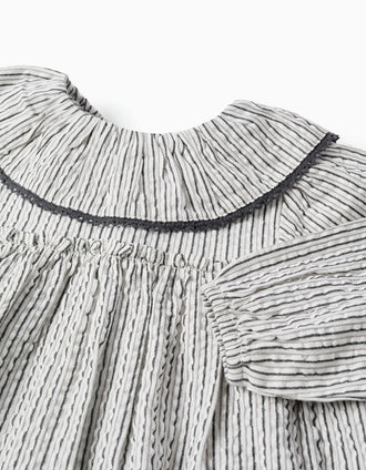 Striped cotton dress with ruffled collar B&S for baby girls, white/grey