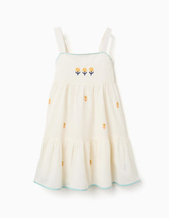 Robe en coton et lin avec fleurs brodées pour fille, beige clair