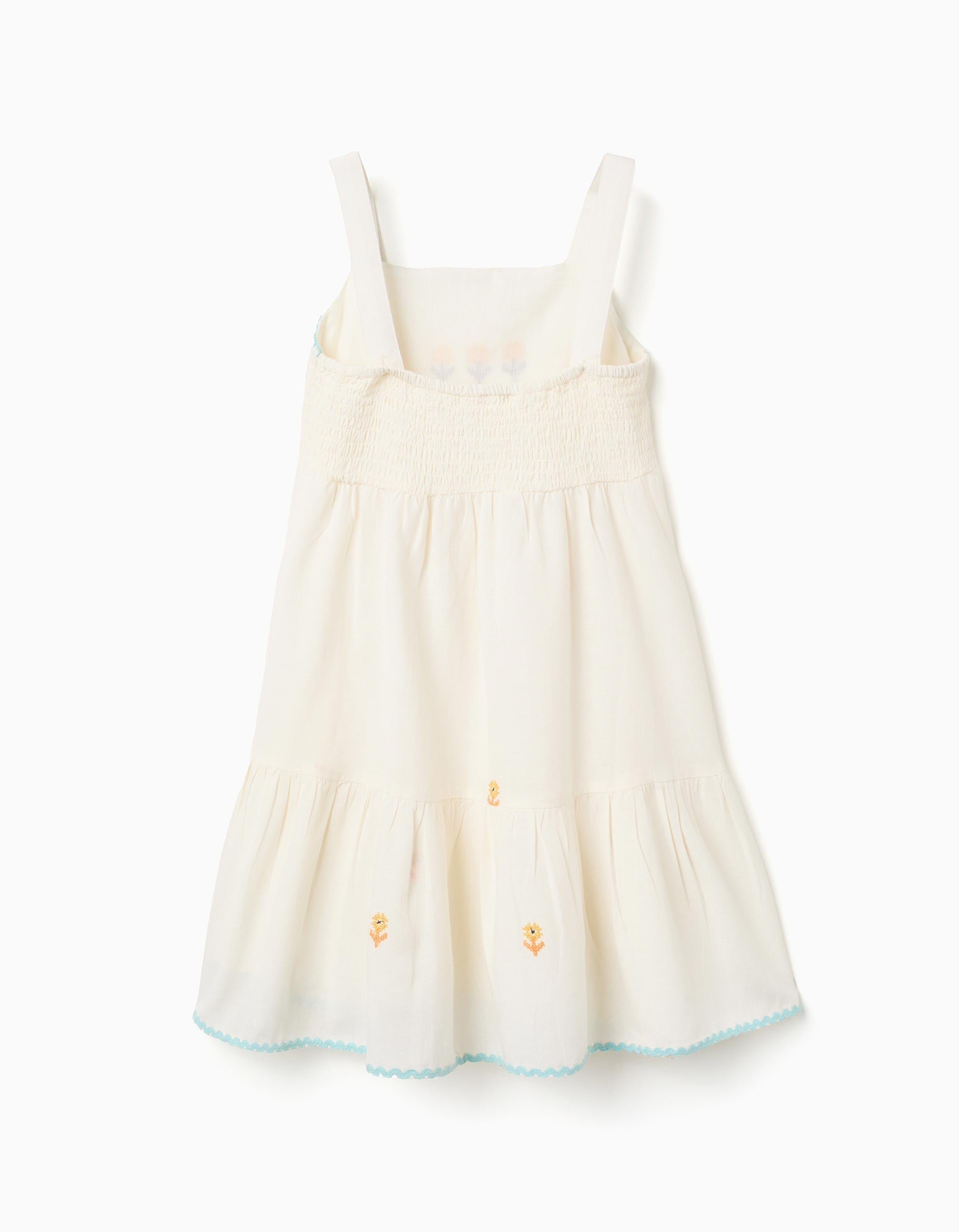 Vestido de algodão e linho com flores bordadas para menina, bege-claro