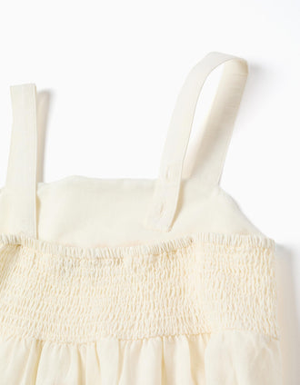 Robe en coton et lin avec fleurs brodées pour fille, beige clair