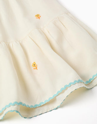 Robe en coton et lin avec fleurs brodées pour fille, beige clair