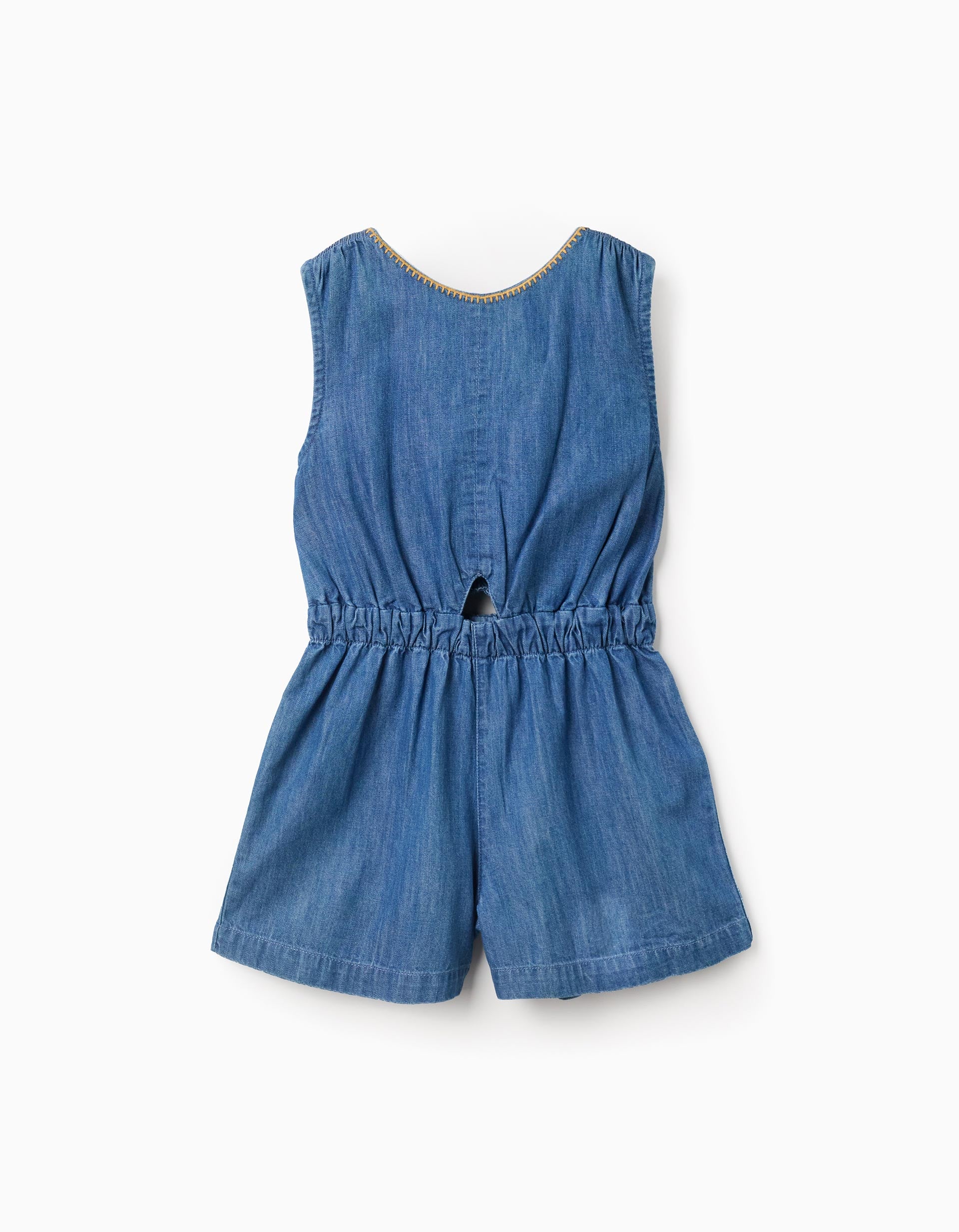Macacão curto de ganga com cintura elástica e recorte para menina, azul