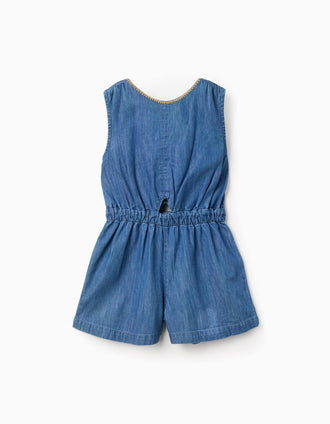 Macacão curto de ganga com cintura elástica e recorte para menina, azul