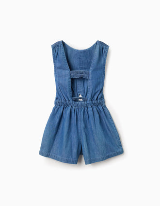 Macacão curto de ganga com cintura elástica e recorte para menina, azul