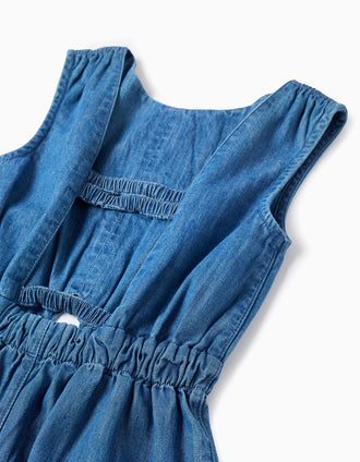 Macacão curto de ganga com cintura elástica e recorte para menina, azul