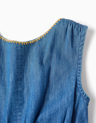 Macacão curto de ganga com cintura elástica e recorte para menina, azul