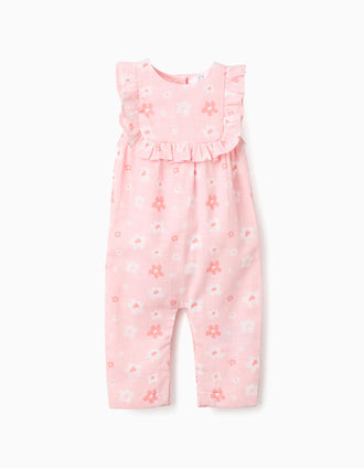 Macacão de algodão com flores e folhos para recém-nascida, rosa/branco