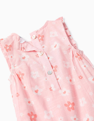 Macacão de algodão com flores e folhos para recém-nascida, rosa/branco