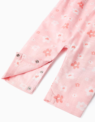 Macacão de algodão com flores e folhos para recém-nascida, rosa/branco