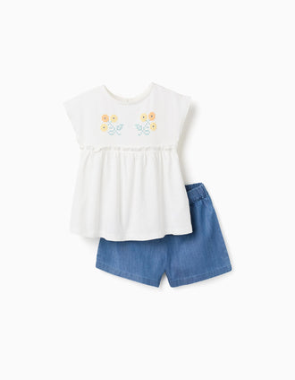 Cotton T-shirt with flowers + denim shorts for baby girls, white/blue