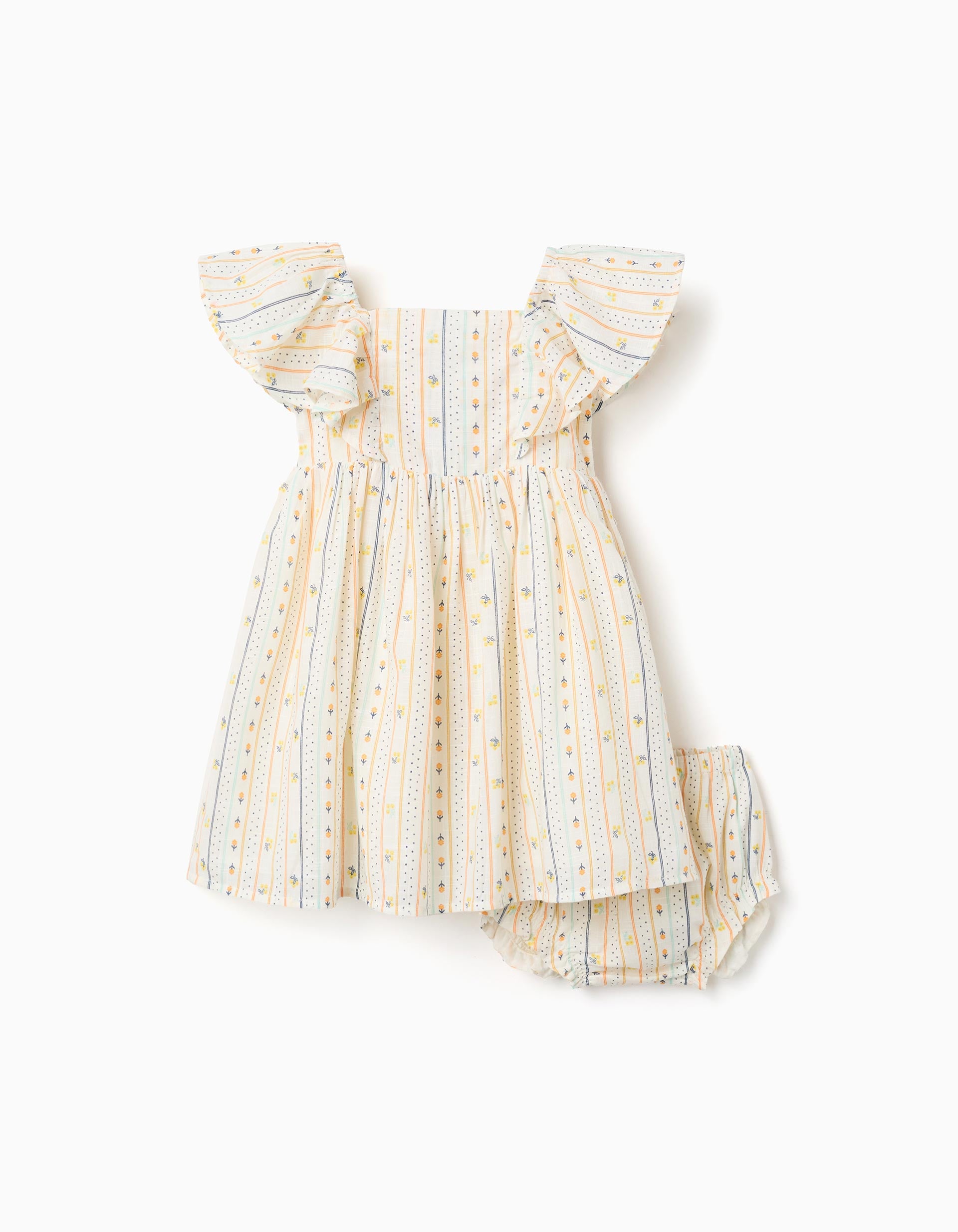 Vestido de algodão com flores e folhos para bebé menina, multicolor