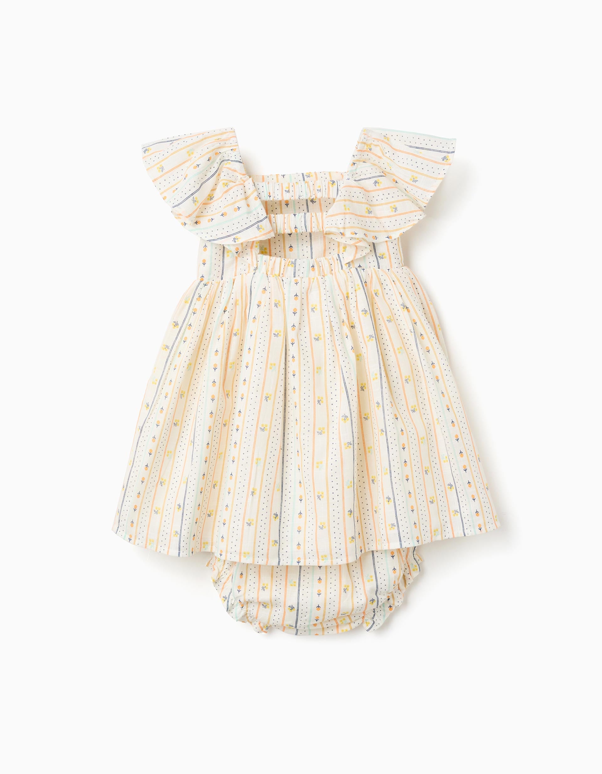 Vestido de algodão com flores e folhos para bebé menina, multicolor