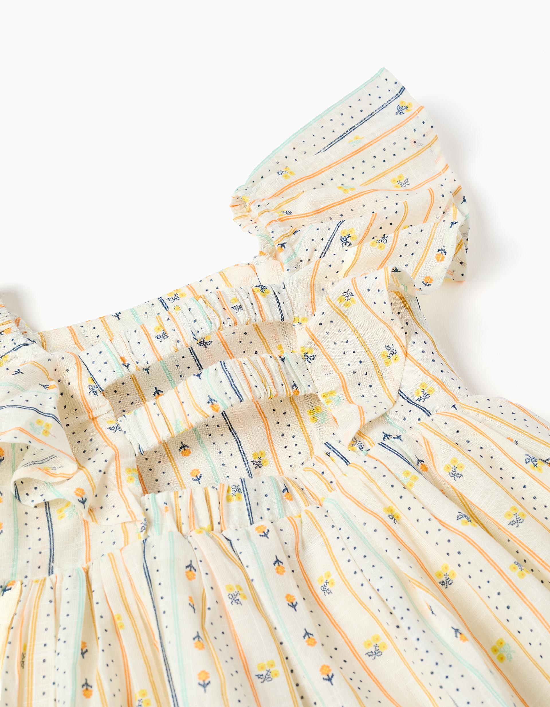 Vestido de algodão com flores e folhos para bebé menina, multicolor