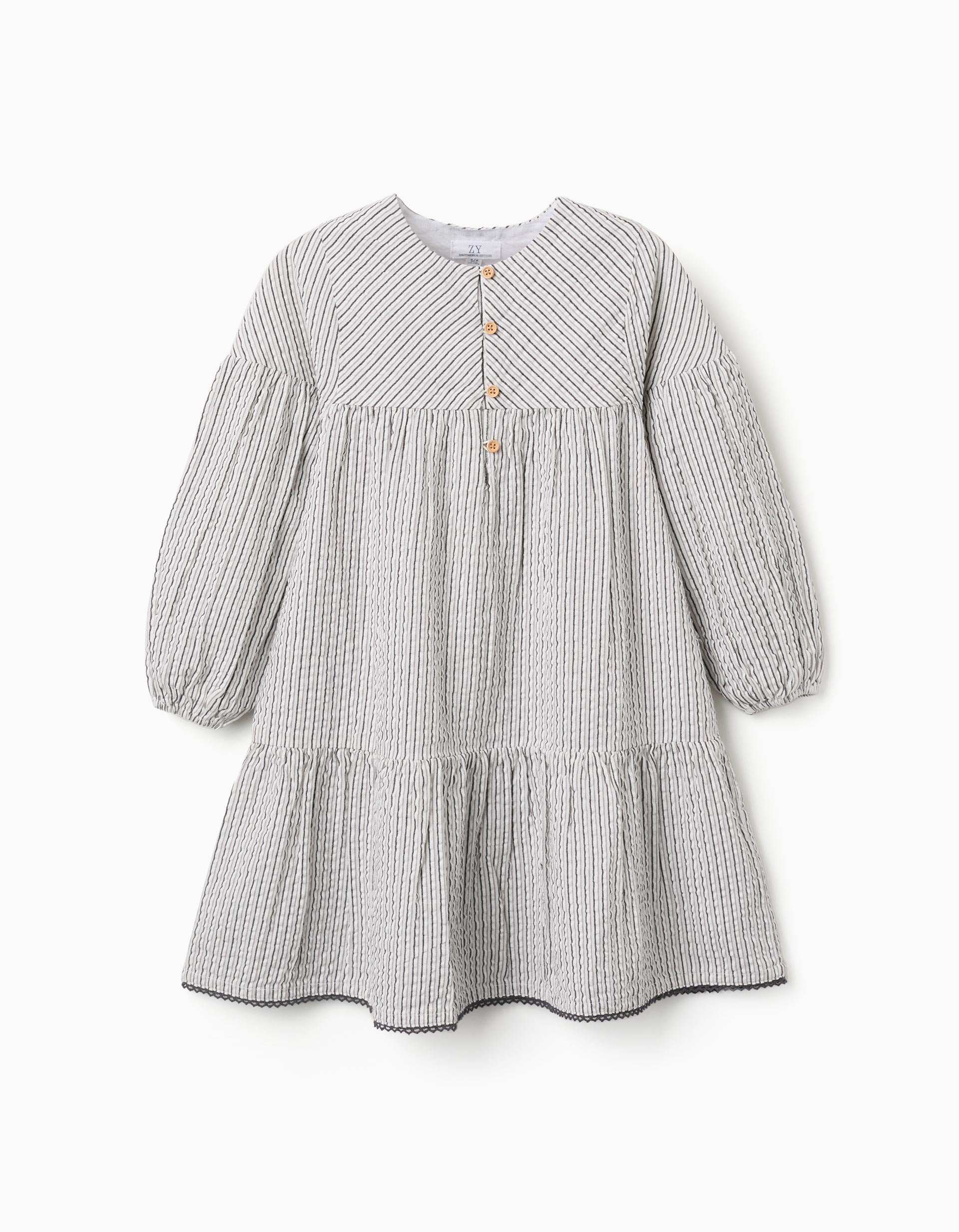 Vestido de algodão às riscas com mangas balão B&S para menina, branco/cinza