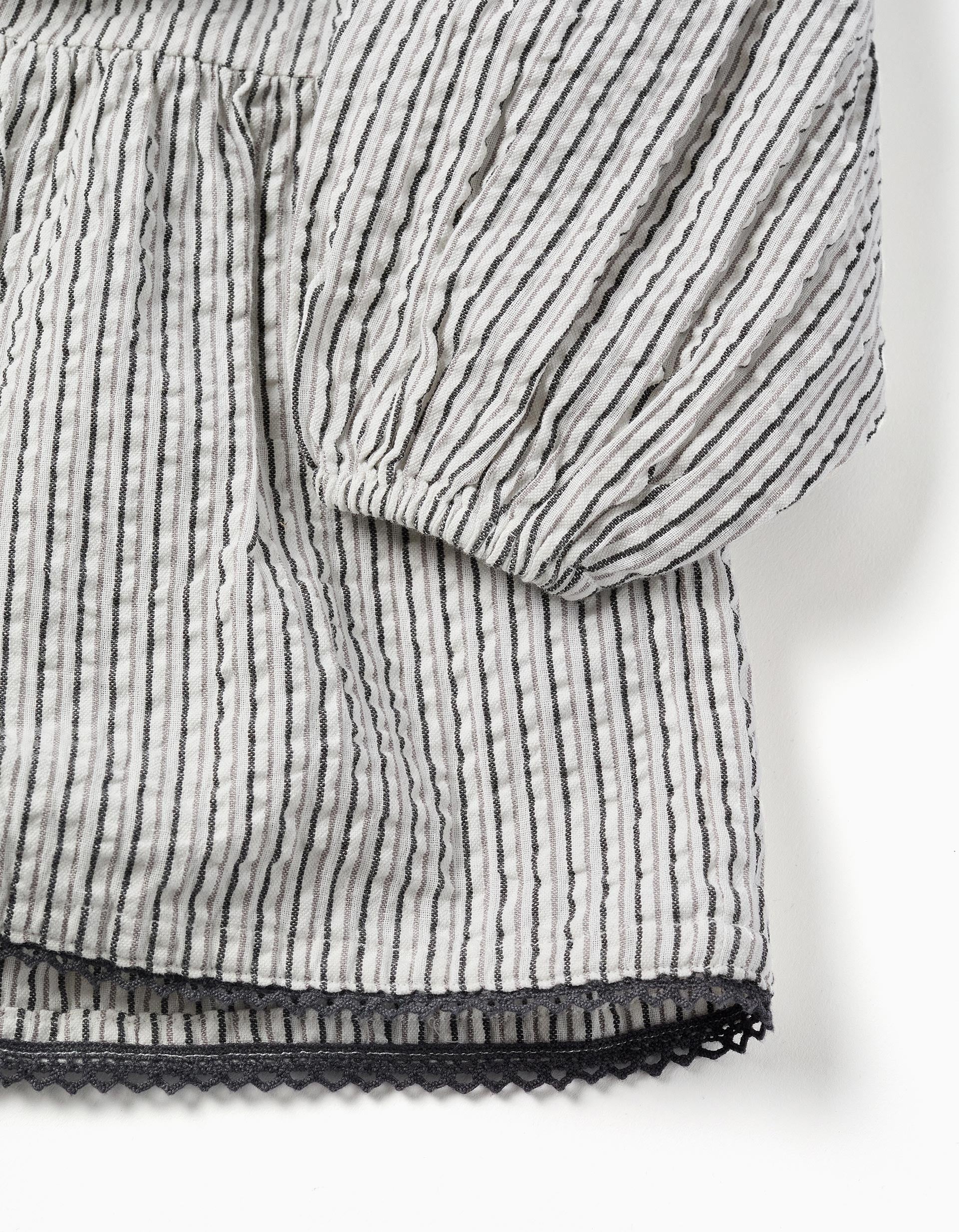 Vestido de algodão às riscas com mangas balão B&S para menina, branco/cinza