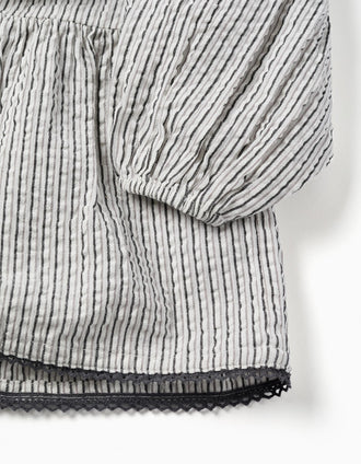 Striped cotton dress with puffy sleeves B&S for girls, white/grey