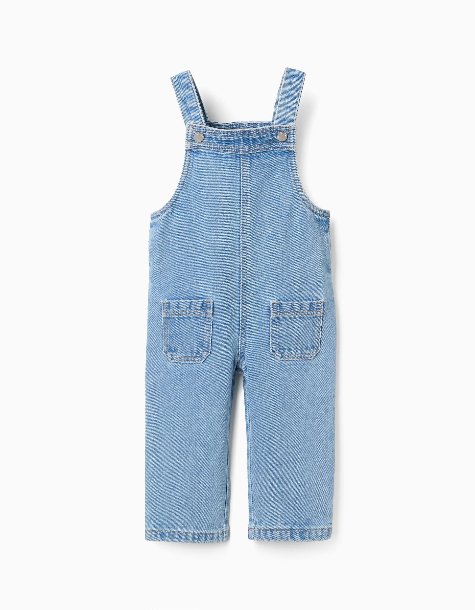 Wide leg denim dungarees with pockets for baby girls, light blue