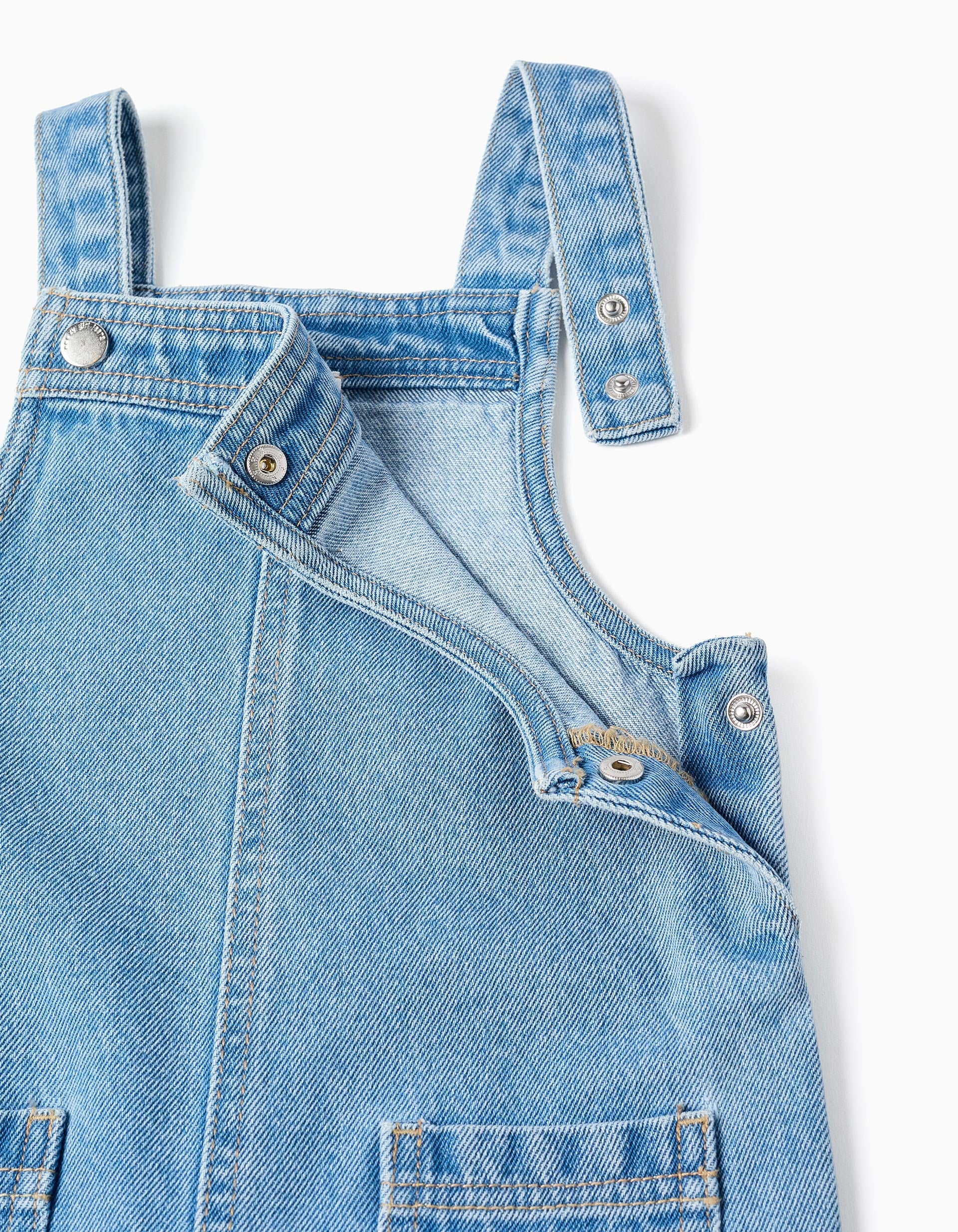 Wide leg denim dungarees with pockets for baby girls, light blue